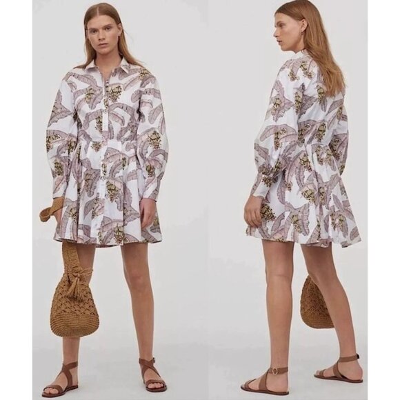 Desmond & Dempsey x H&M White Banana Print Balloon Sleeve Dress  Size Small - Picture 1 of 8
